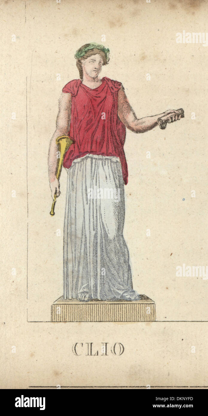 Clio, muse de l'histoire grecque, avec couronne de laurier, corne et de volutes. Banque D'Images