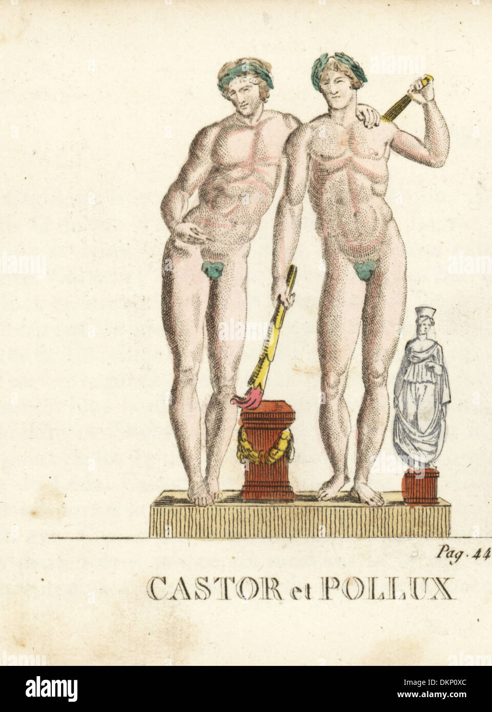 Castor et Pollux, deux dieux grecs et romains, avec des torches, des guirlandes. Banque D'Images