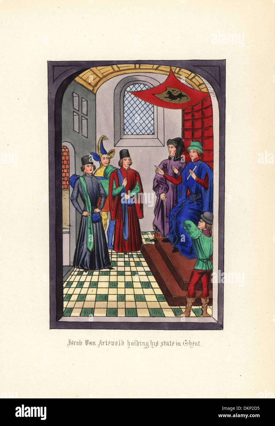 Louis, comte de Flandre avec des courtisans, jester et Jean Lyon en robes rouges. Banque D'Images
