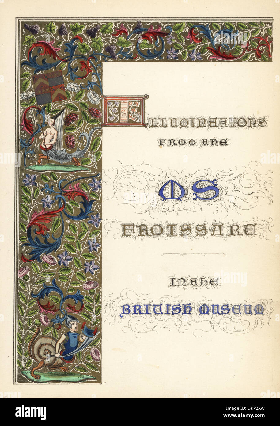 Page de titre calligraphique du panneau lumineux montrant le mermaid et chevalier. Banque D'Images