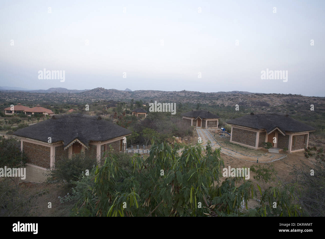 Cottages de la jungle et de villégiature. Hampi Karnataka, Inde Banque D'Images