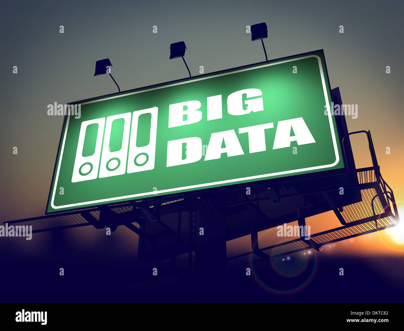 Le Big Data avec l'icône des dossiers sur le panneau vert - Soleil levant l'arrière-plan. Banque D'Images