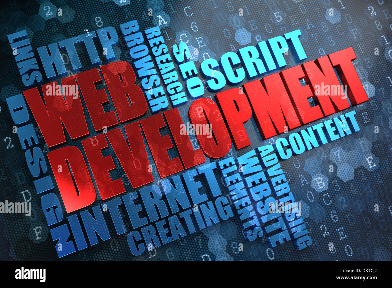 Développement web - Wordcloud Concept. Le mot en rouge, entouré d'un nuage de mots bleus. Banque D'Images