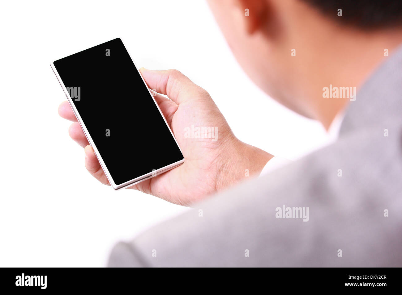 Smartphone personne utiliser isolé sur fond blanc Banque D'Images