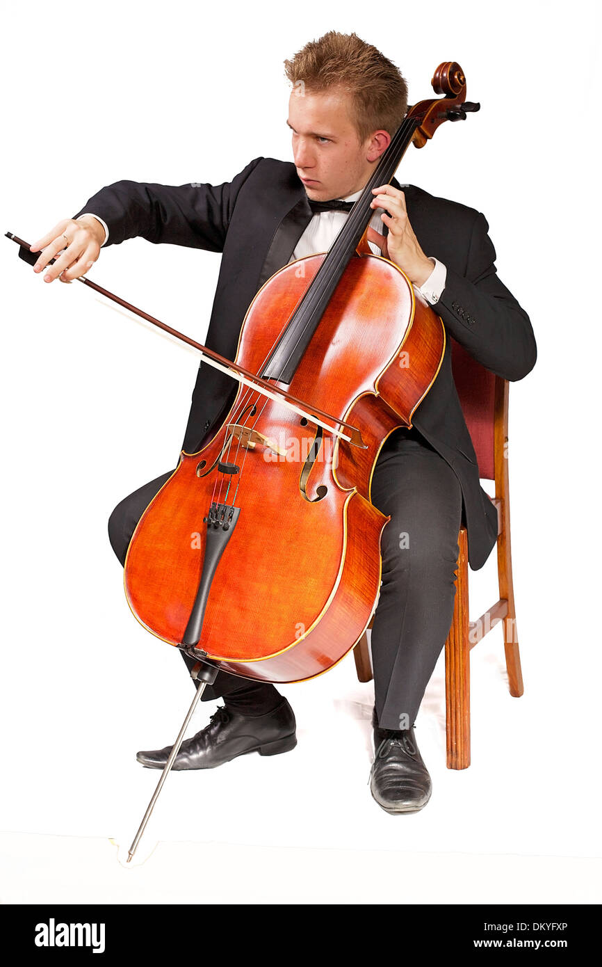 Young caucasian cello player avec fond blanc Banque D'Images