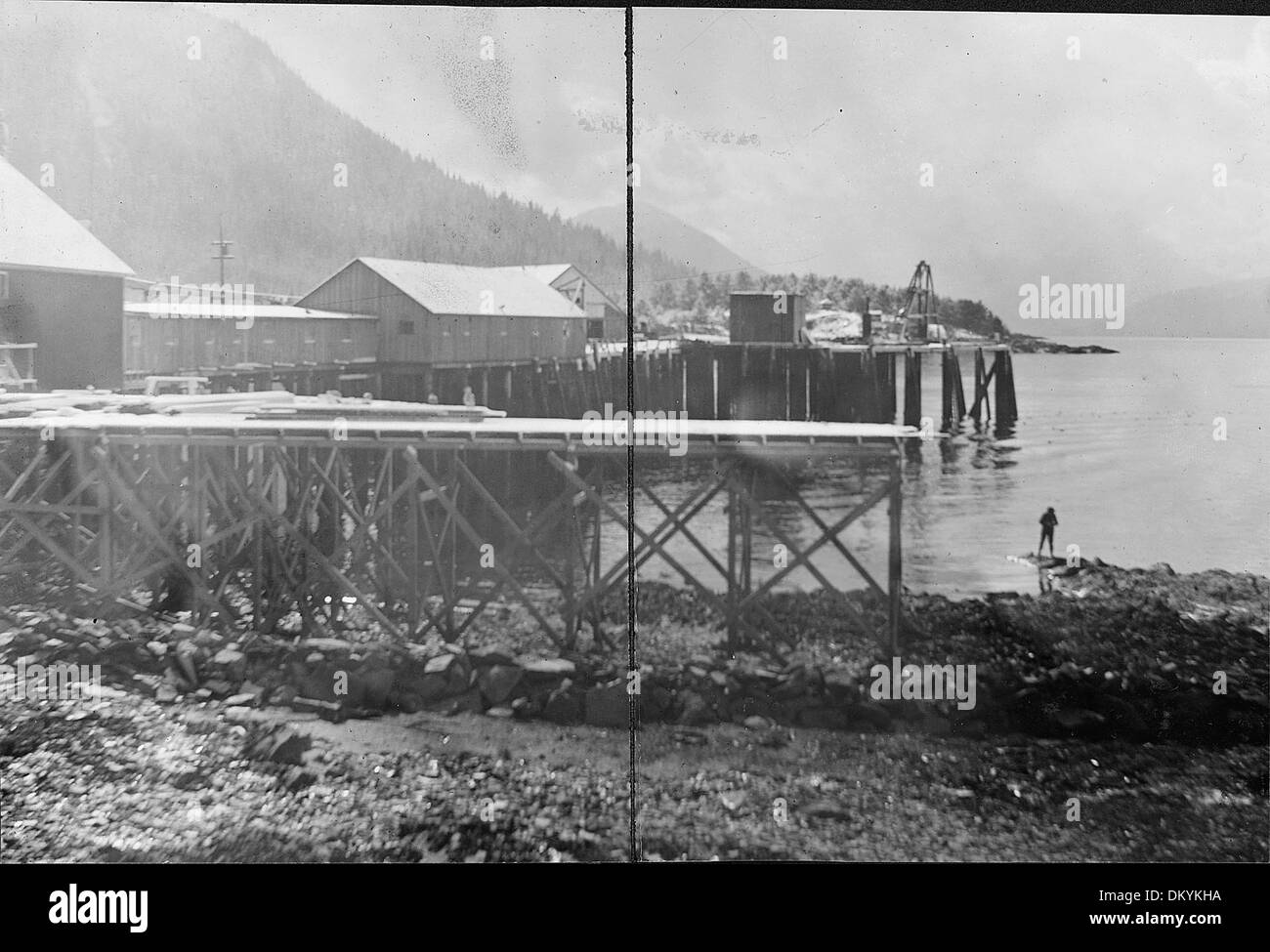 Une vue des quais à marée basse dans le port de Wrangell, Alaska, montrant le littoral exposé et le paysage maritime. Banque D'Images