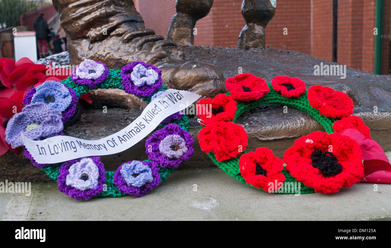 Des couronnes pour les animaux tricotés memorial tués à la guerre, South Shields North East England, UK Banque D'Images