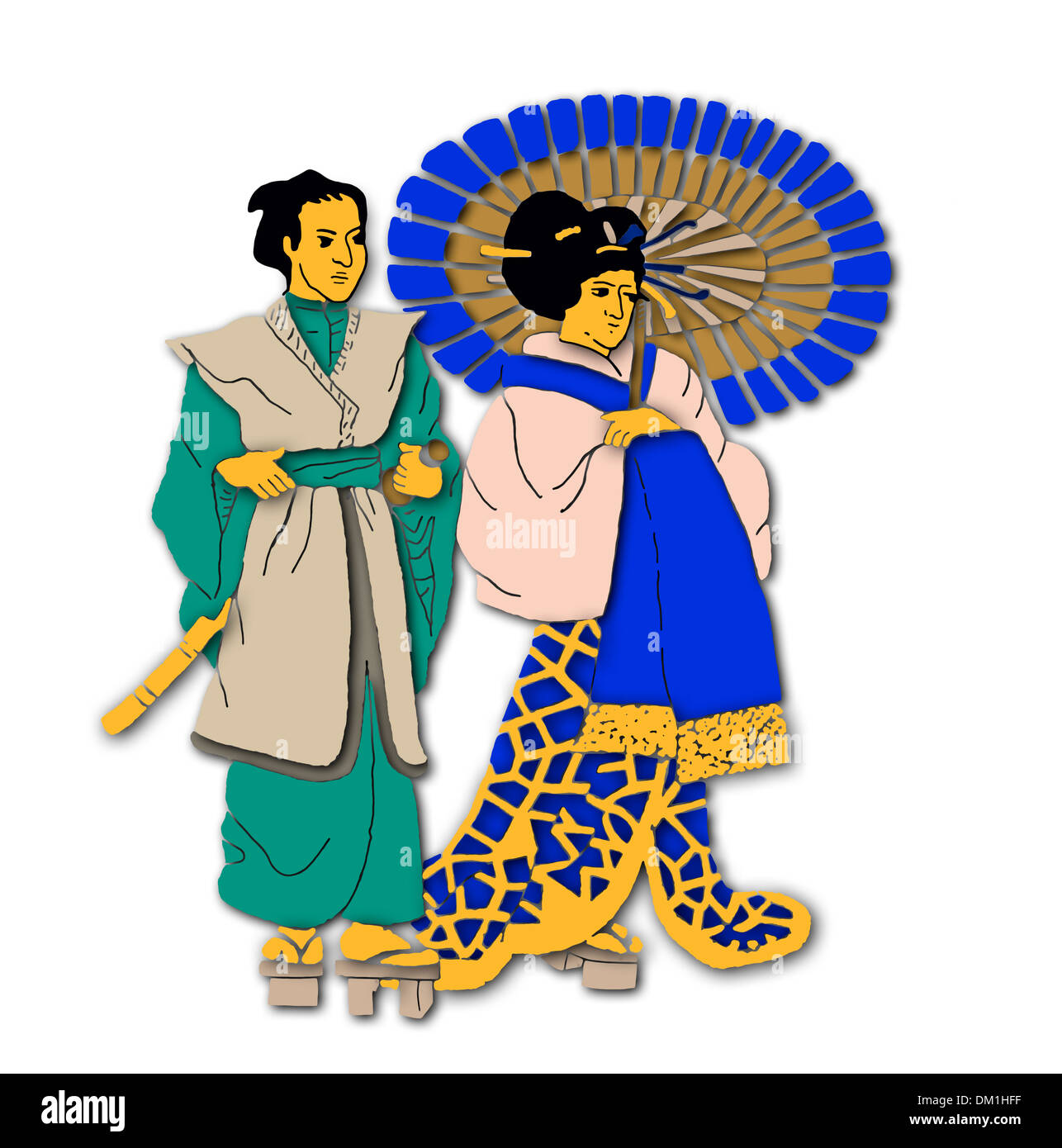 Les chiffres japonais en costume traditionnel - illustration à partir de la photo de la Casa de los Paraguas / Chambre des parapluies - Barcelone Banque D'Images