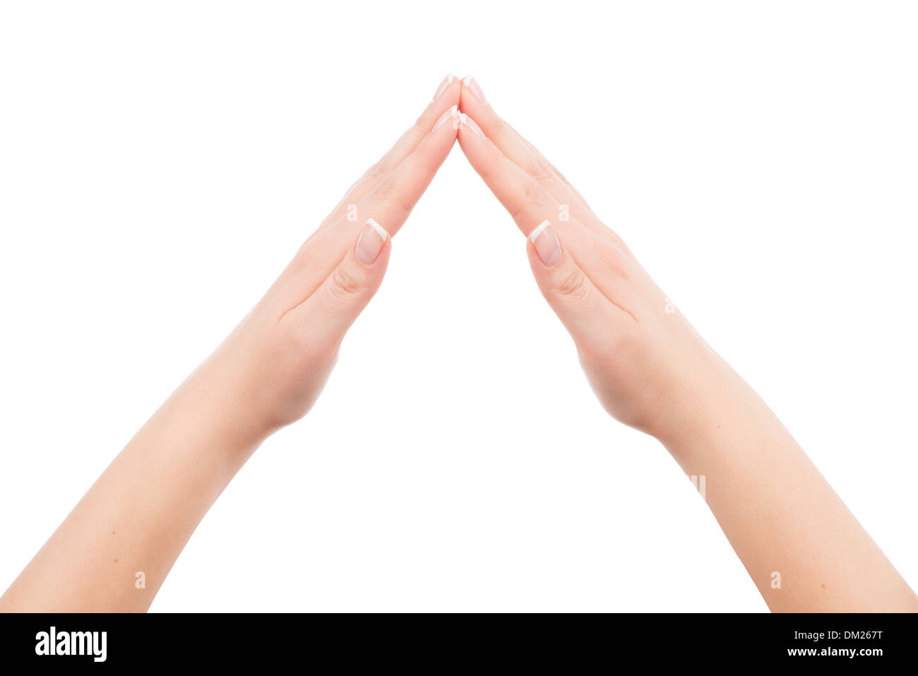 Femme mains montrant symbole accueil geste, isolé sur fond blanc. Vous pouvez mettre une image ou un symbole entre les mains. Banque D'Images