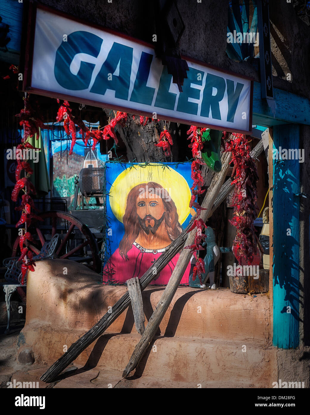 Une image de Jésus à une galerie d'art et cantina , en face d'El Santuario De Chimayó dans le Nord du Nouveau Mexique Banque D'Images