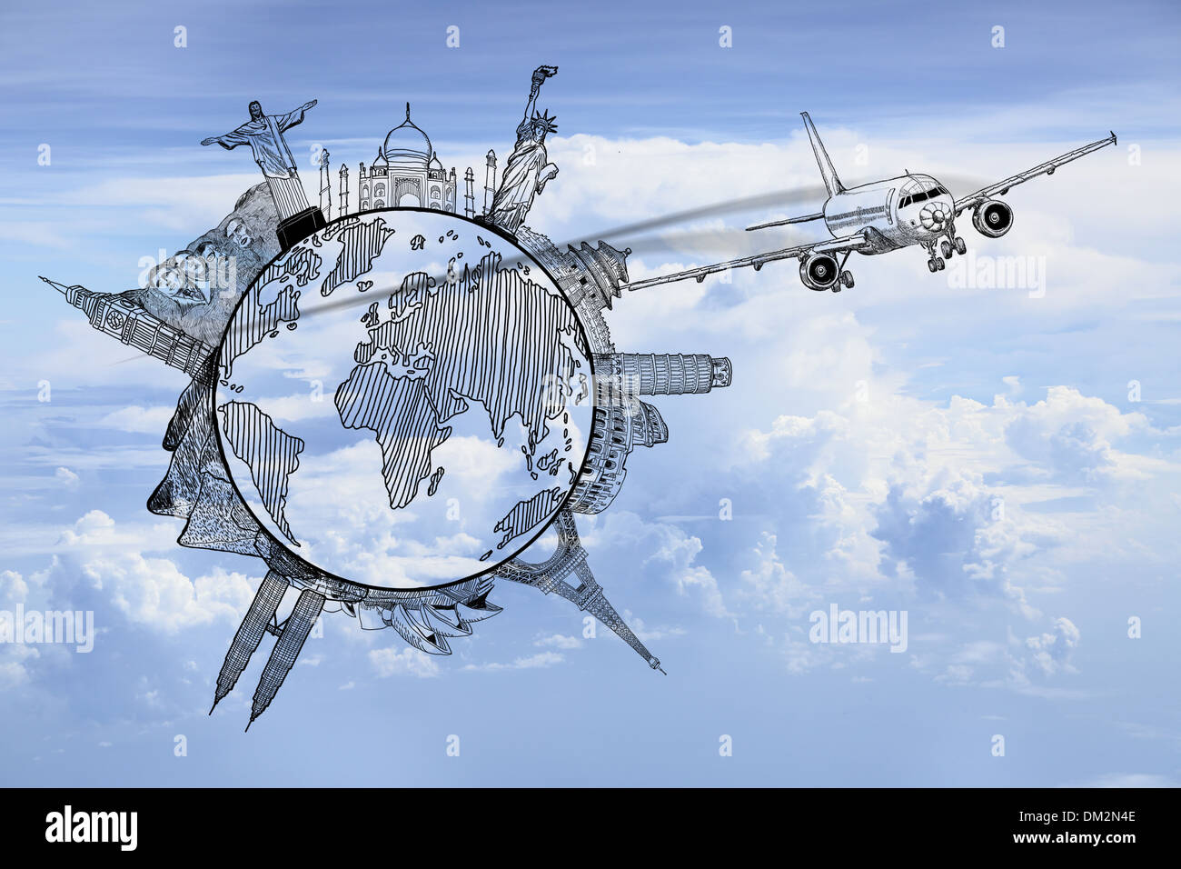 Billet d'avion dans le monde, autour de l'esquisse à l'échelle mondiale Banque D'Images