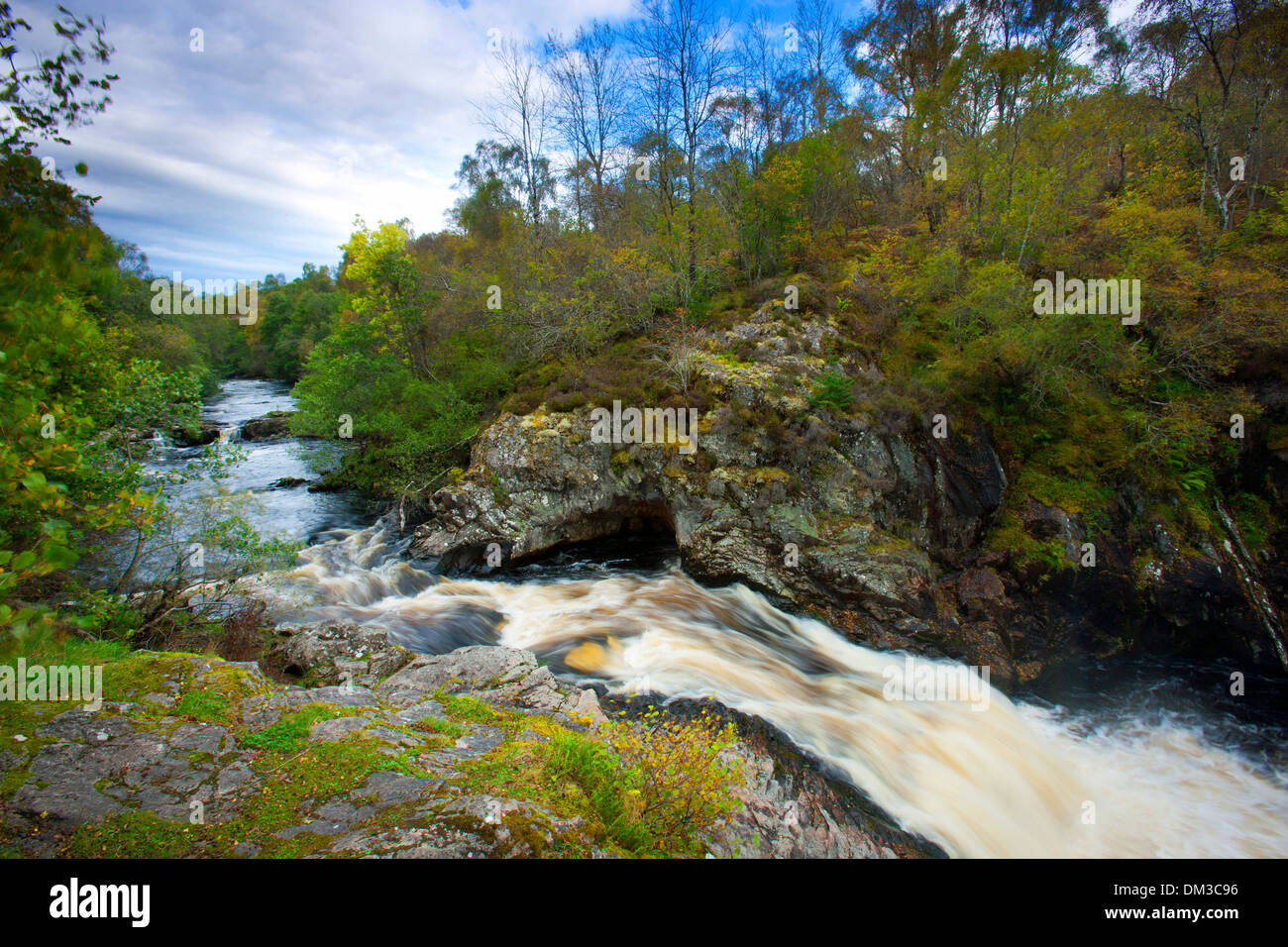 Shin Falls, en Grande-Bretagne, en Europe, l'Ecosse, bois, forêt, rivière, écoulement, cascade, cataracte, Banque D'Images