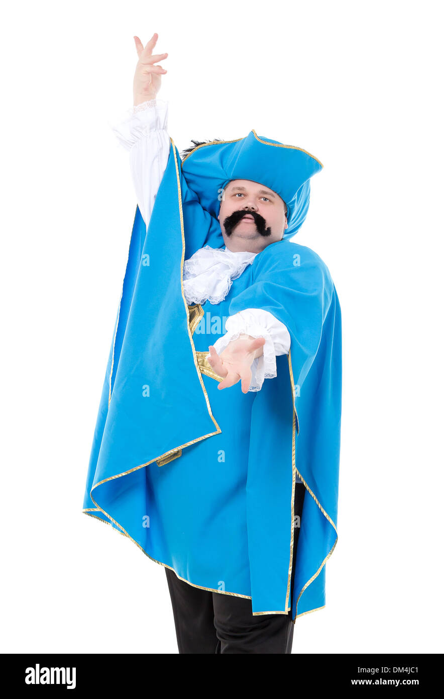 Cavalier monsieur en chapeau à plumes et uniforme bleu turquoise de la croix, avec plus d'un gros ventre rond, isolated on white Banque D'Images