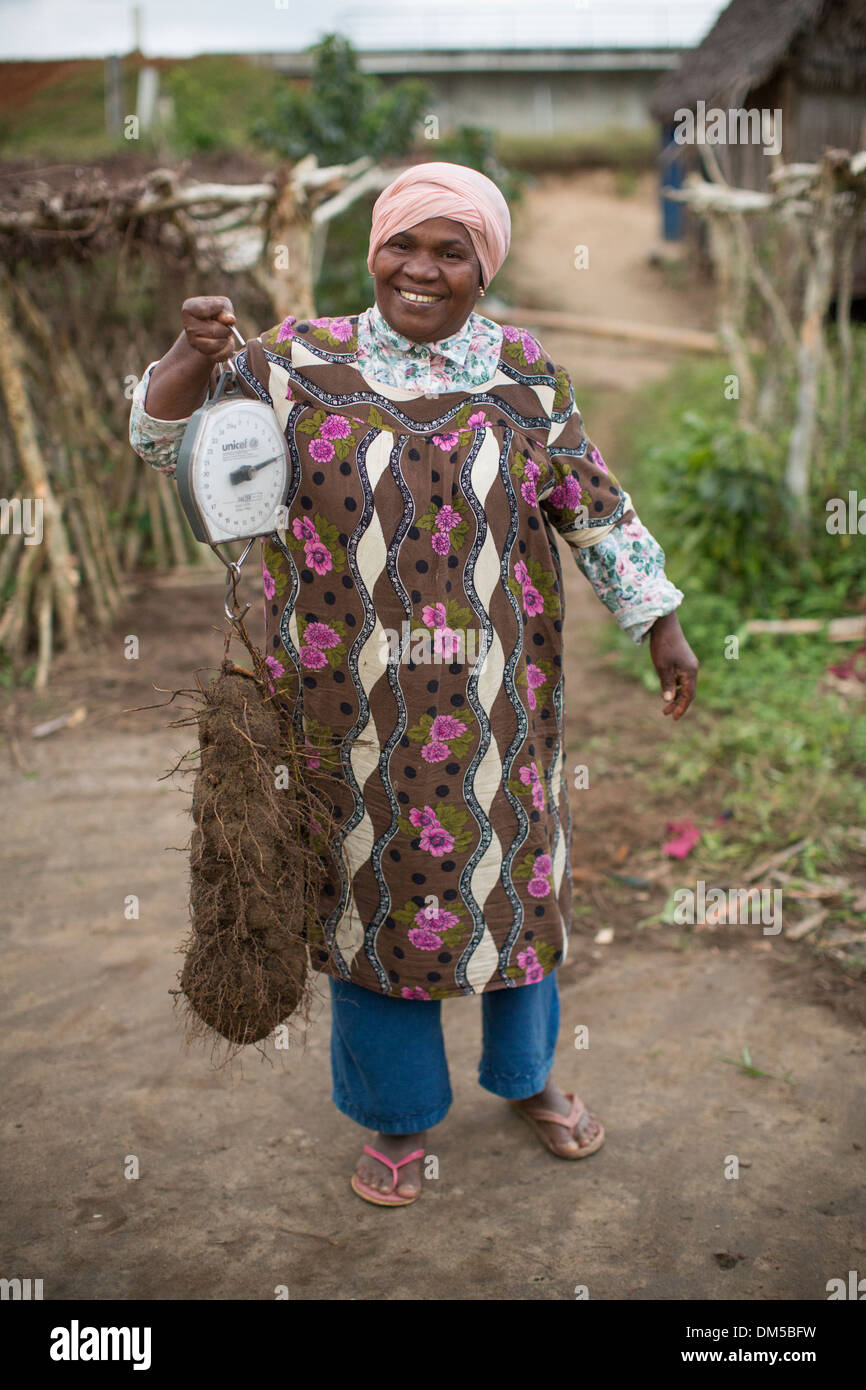 Une femme pèse un igname dans la région Atsinanana, Madagascar Banque D'Images