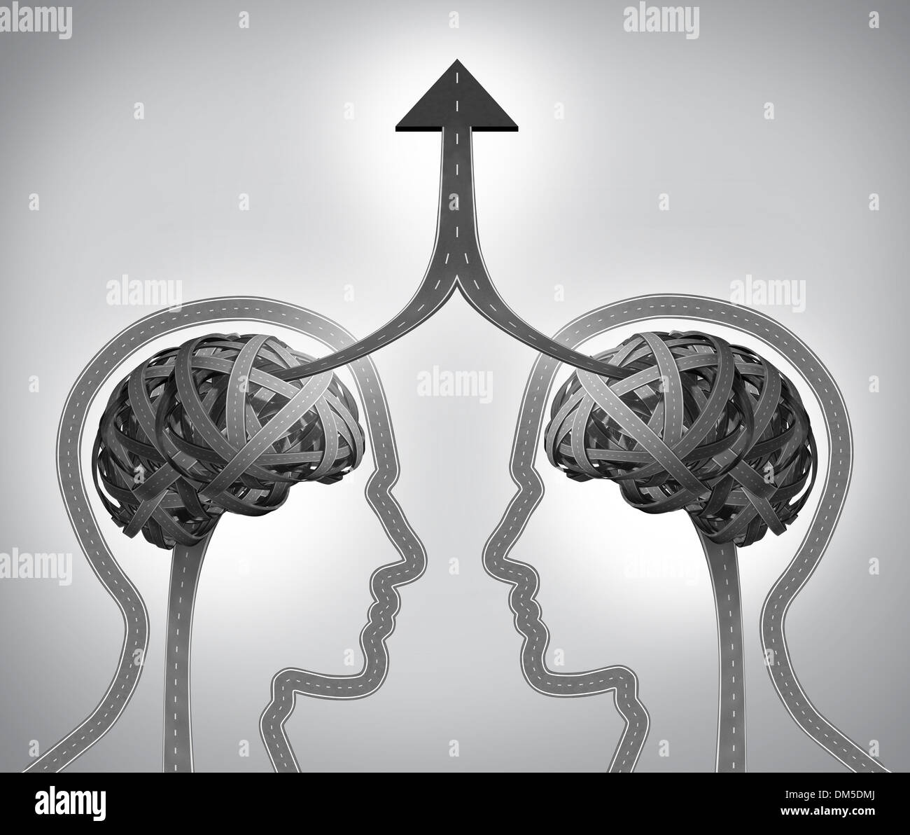 Le succès de l'Alliance comme concept d'entreprise d'un groupe de routes et rues en forme de deux têtes humaines avec un cerveau embrouillé de fusionner ensemble grâce à la gestion d'équipe en collaboration et partenariat comme une flèche vers le haut pour un objectif commun. Banque D'Images