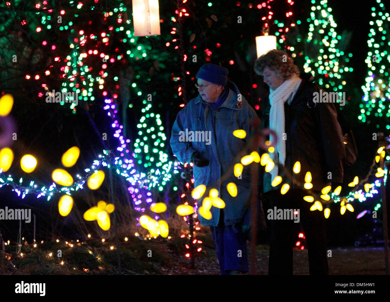 Vancouver, Canada. Dec 11, 2013. Les gens profiter de leur nuit avec les lumières de Noël autour du Jardin botanique VanDusen à Vancouver, Canada, le 11 décembre 2013. Plus de 1,4 millions d'ampoules à LED éclairée dans le Jardin botanique VanDusen pour marquer l'ouverture de la 29e Fête des Lumières qui célèbre l'événement de Noël à venir. Credit : Liang Sen/Xinhua/Alamy Live News Banque D'Images