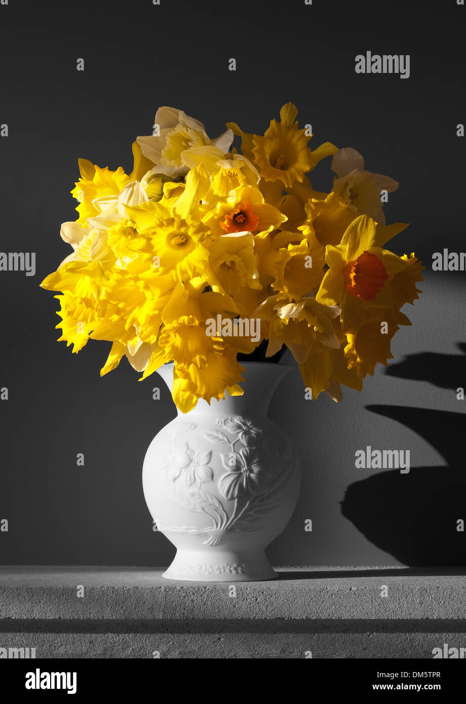 Vase blanc avec des jonquilles printemps avec fond désaturées. Banque D'Images