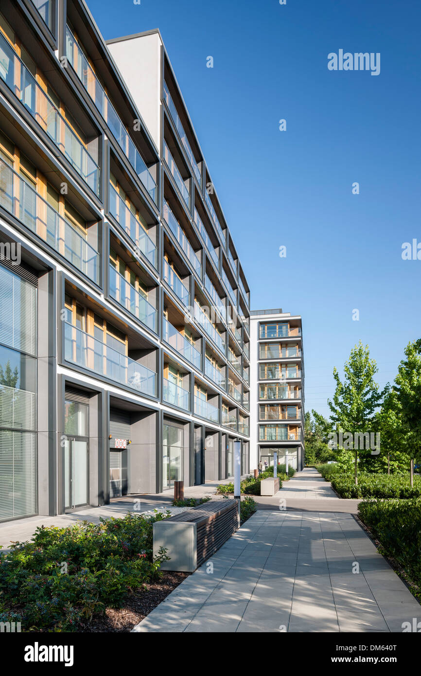 19ème arrondissement immobilier complexe, Varsovie, Pologne. Architecte : Jems Architekci, 2013. Perspective de la façade. Banque D'Images