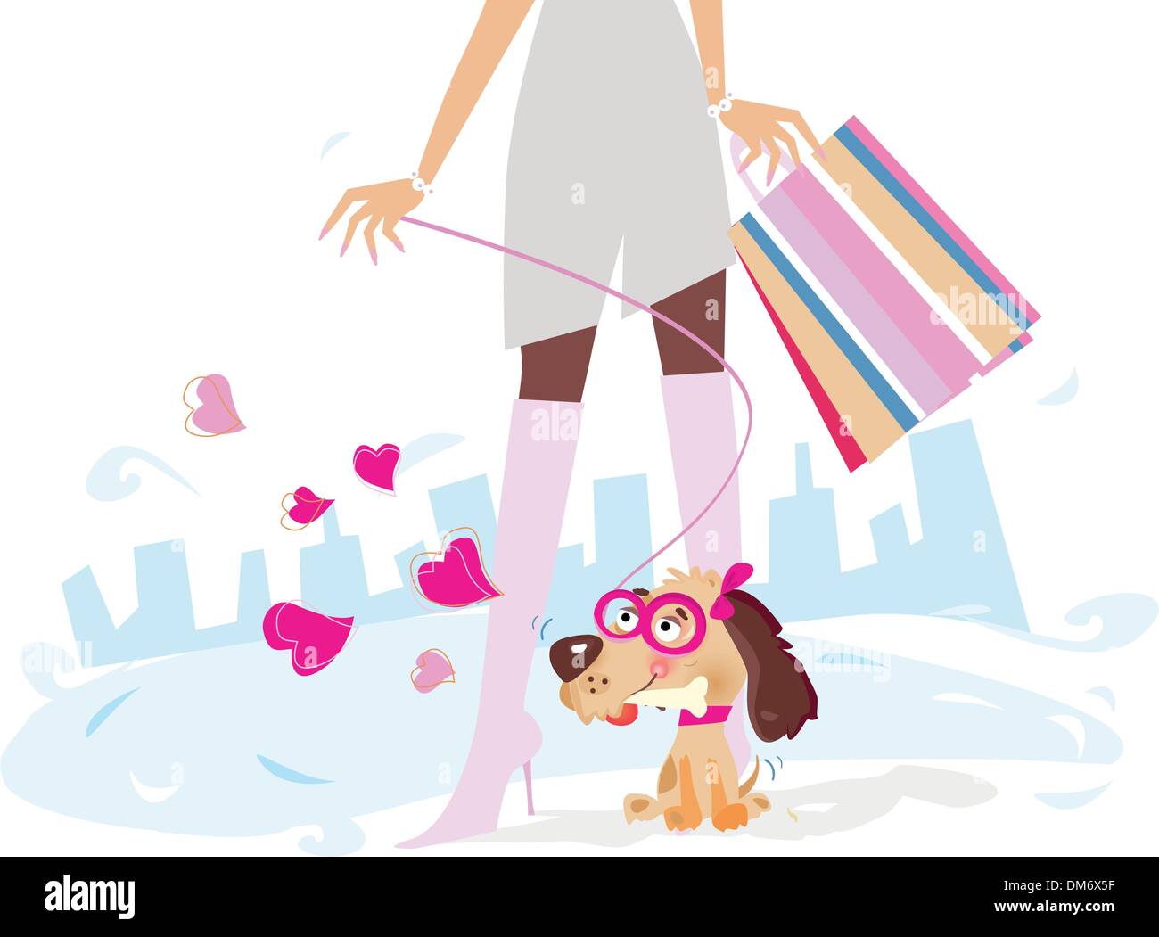 Dame avec son chien dame sur le shopping dans la ville Illustration de Vecteur