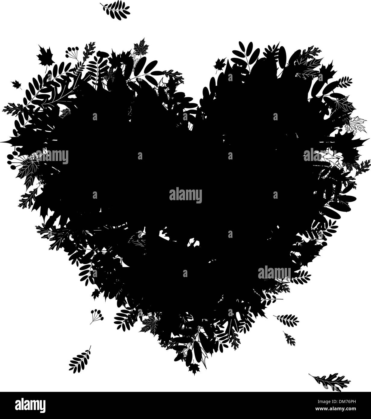 J'aime l'automne ! Forme de coeur à partir de la chute des feuilles, silhouette noire Illustration de Vecteur