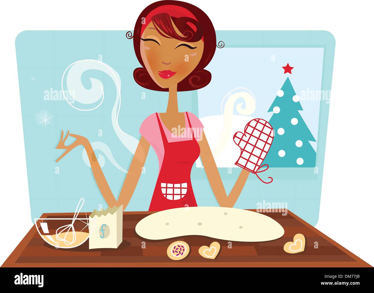 Femme de Noël faire des biscuits dans la cuisine rétro Illustration de Vecteur