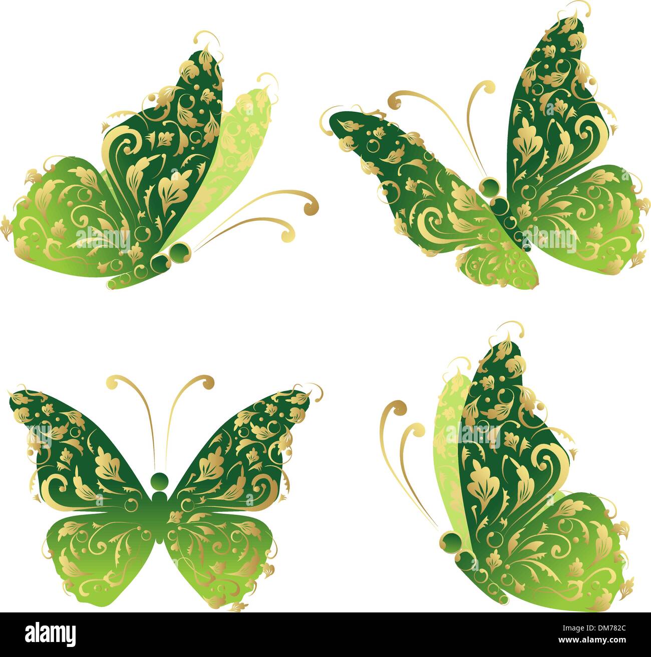 Vol de papillon art vert, floral ornament or Illustration de Vecteur