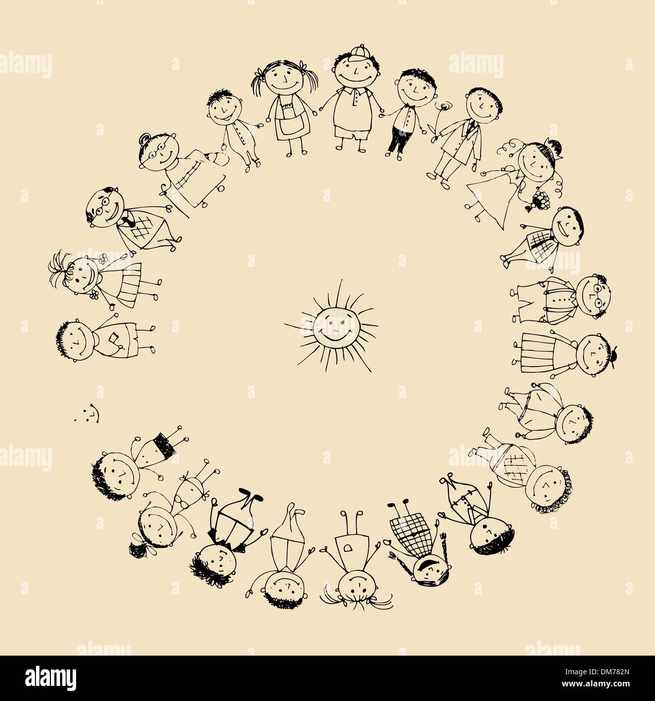 Heureux big family smiling together, dessin croquis Illustration de Vecteur