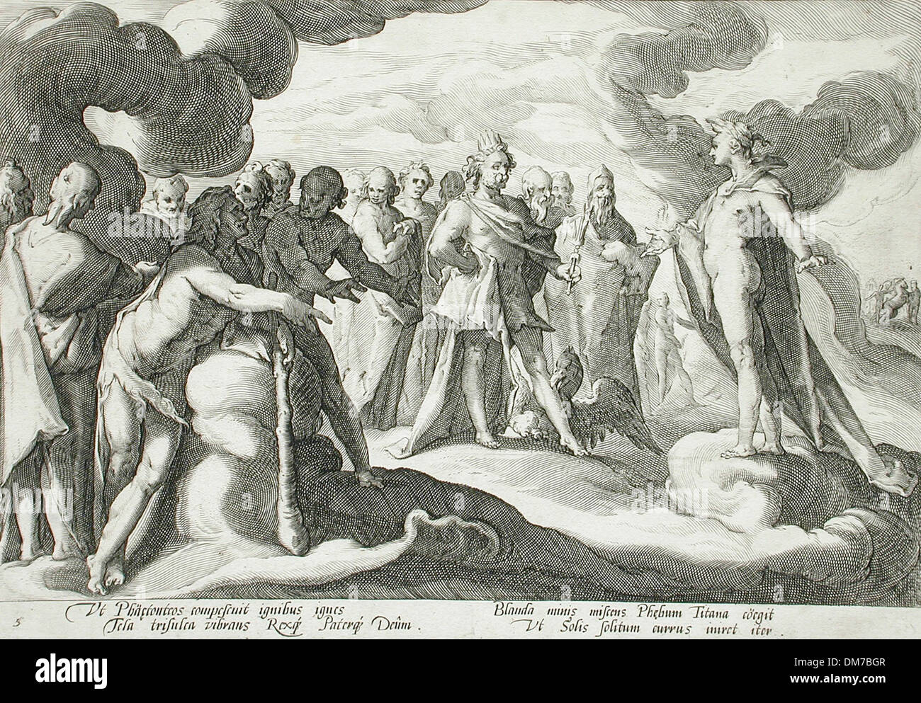 Cette œuvre représente le moment dans la mythologie grecque où Jupiter et les autres dieux demandent à Hélios de reprendre le contrôle du char solaire. Il illustre la lutte divine pour le pouvoir et met l'accent sur le thème mythologique du contrôle et de l'ordre célestes. Banque D'Images