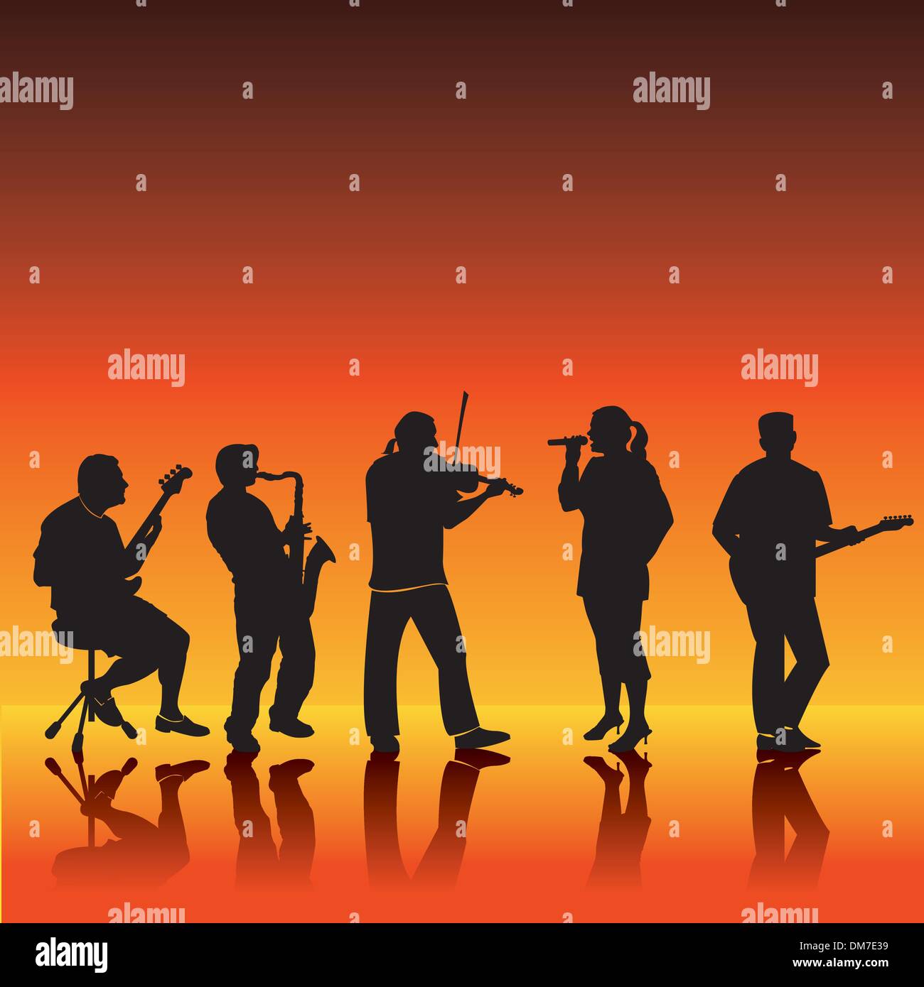 Silhouettes vecteur de cinq musiciens dans un groupe Illustration de Vecteur