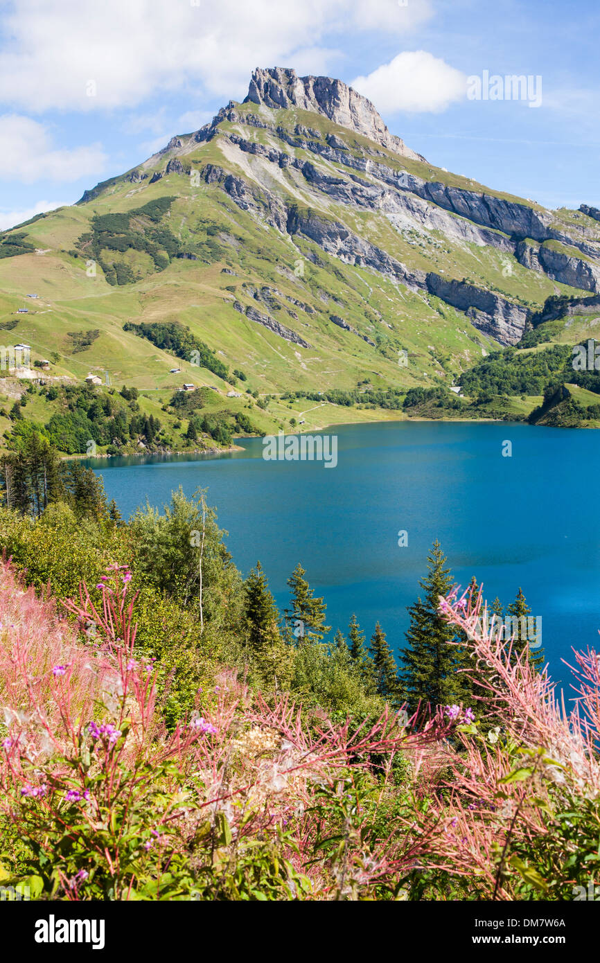 Bleu profond de l'eau dans le Lac de Roseland, Savoie, France. Banque D'Images