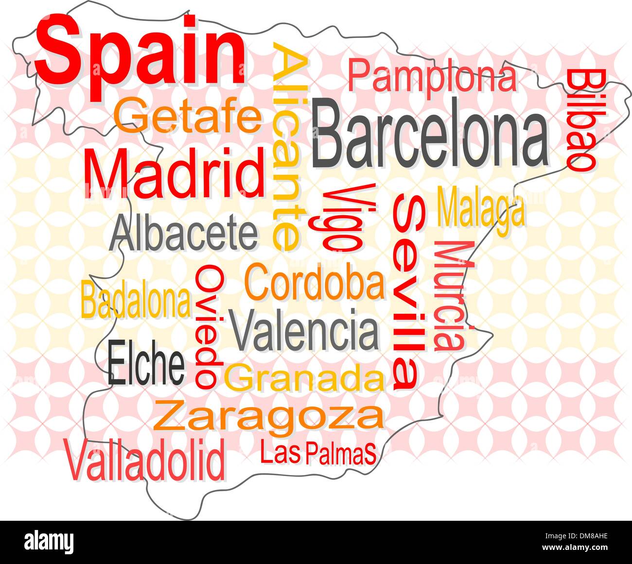 La carte d'Espagne et mots de nuages avec de plus grandes villes Illustration de Vecteur