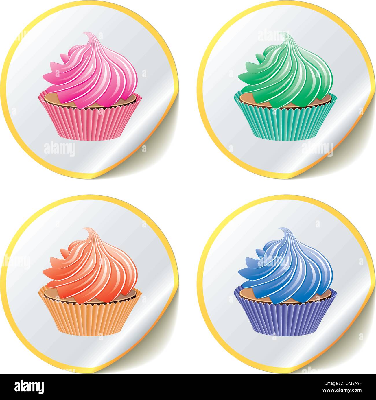 Cupcakes sur papier autocollants Illustration de Vecteur