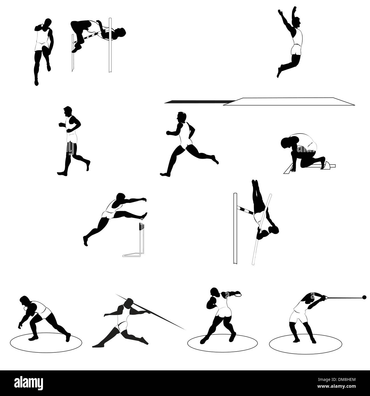 Jeu de silhouettes athlétiques - track and field isolé sur fond blanc Illustration de Vecteur