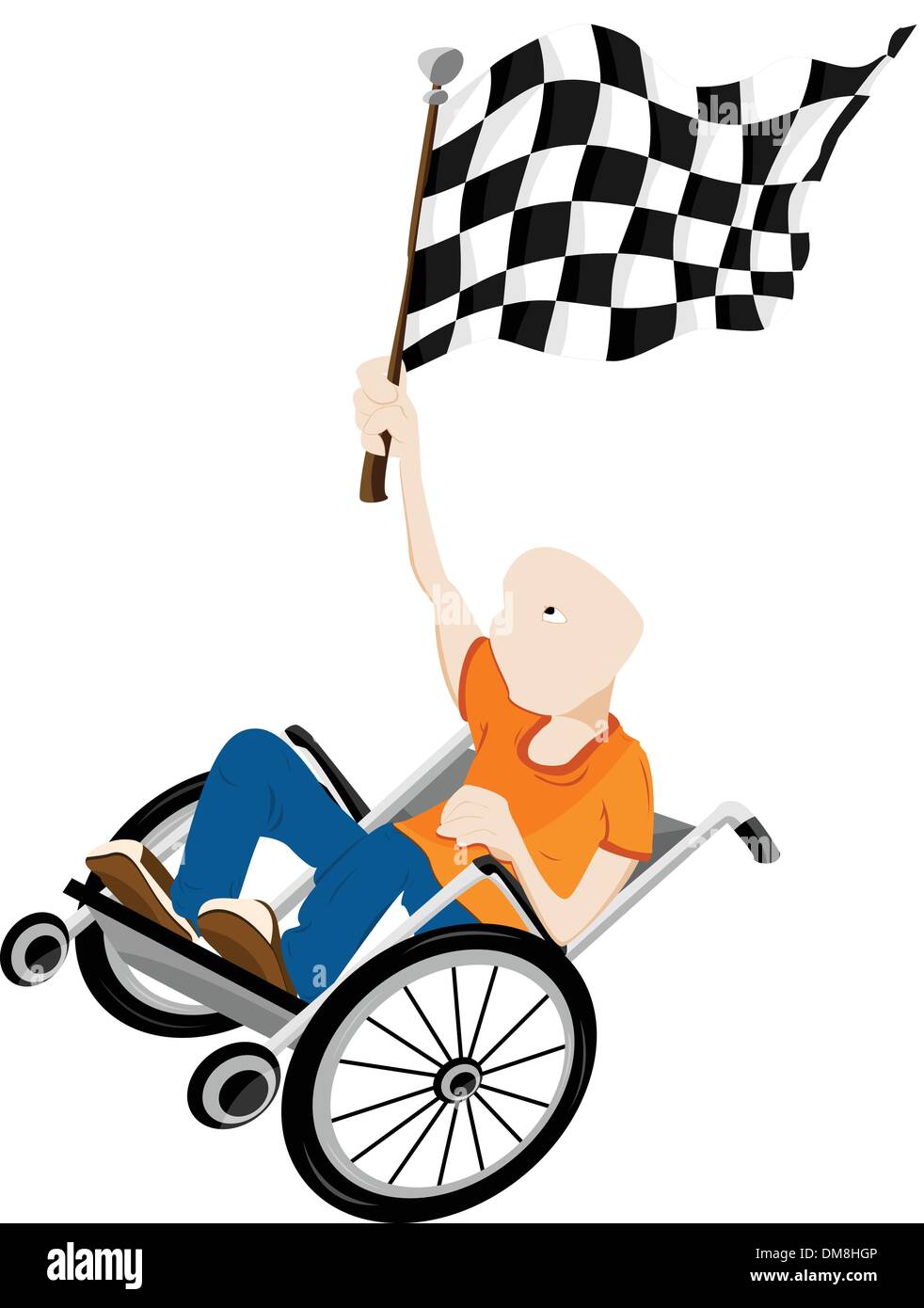 Jeune homme handicapé en fauteuil roulant avec drapeau vainqueur. Illustration de Vecteur