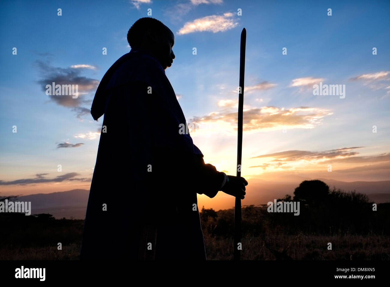 La silhouette du guerrier Massaï tenant une lance dans les plaines de la zone de conservation de Ngorongoro cratère dans la région des hautes terres de Tanzanie Afrique de l'Est Banque D'Images