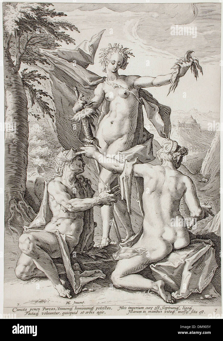 « Les trois destins » représente une représentation de la collection d'art antique et islamique du Los Angeles County Museum of Art (LACMA). Cette œuvre représente les figures mythologiques de la mythologie antique qui contrôlent le destin, symbolisant la vie, la mort et le destin. Banque D'Images