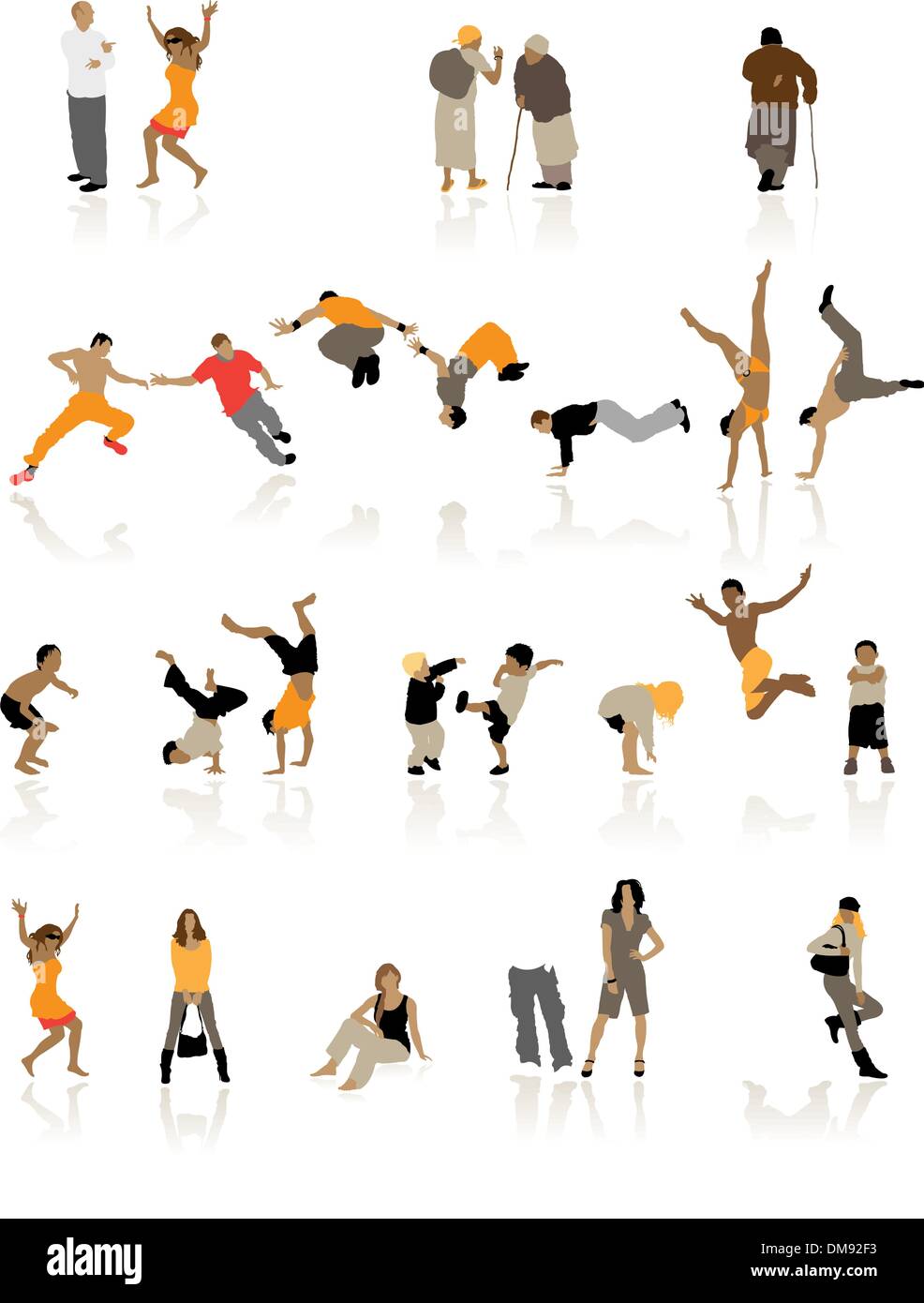 Les silhouettes de personnes : enfants, jeunes couples, adolescents sport, vieillesse Illustration de Vecteur