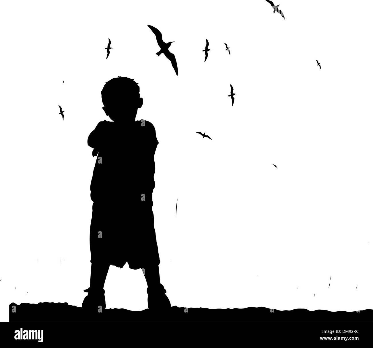 Petit garçon sur champ d'été, silhouette on blue sky Illustration de Vecteur