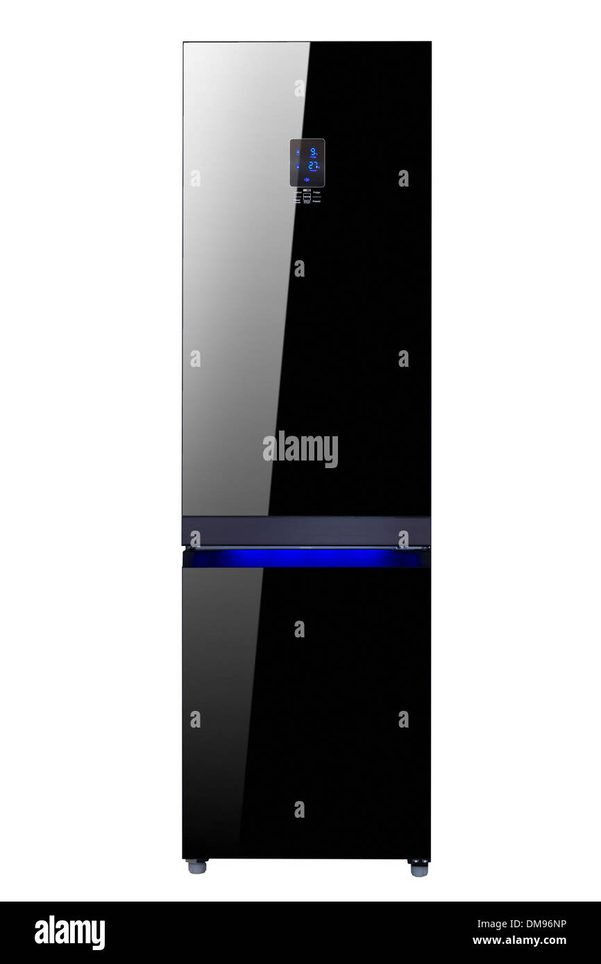 Deux porte en verre noir brillant réfrigérateur isolated on white Banque D'Images