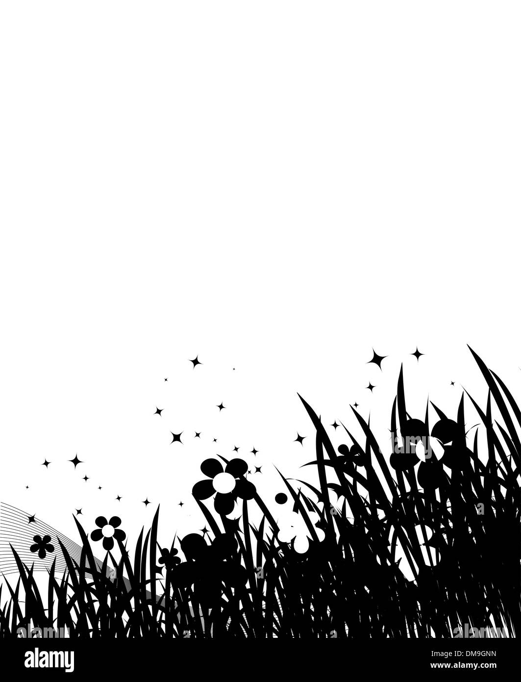 Summer meadow et les oiseaux dans le ciel, silhouette noire Illustration de Vecteur