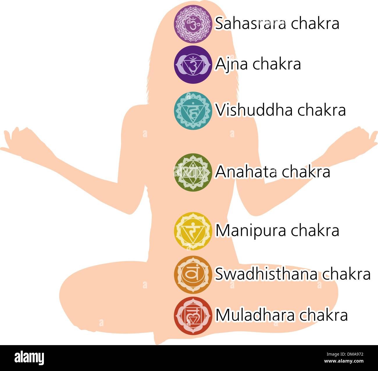 Woman in lotus position, sept chakras. EPS 8 Illustration de Vecteur