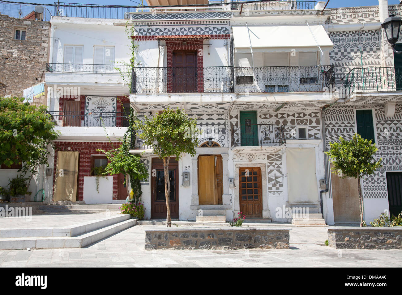 Village de Pyrgi, île de Chios, du nord-est de la mer Égée, Grèce, Europe Banque D'Images
