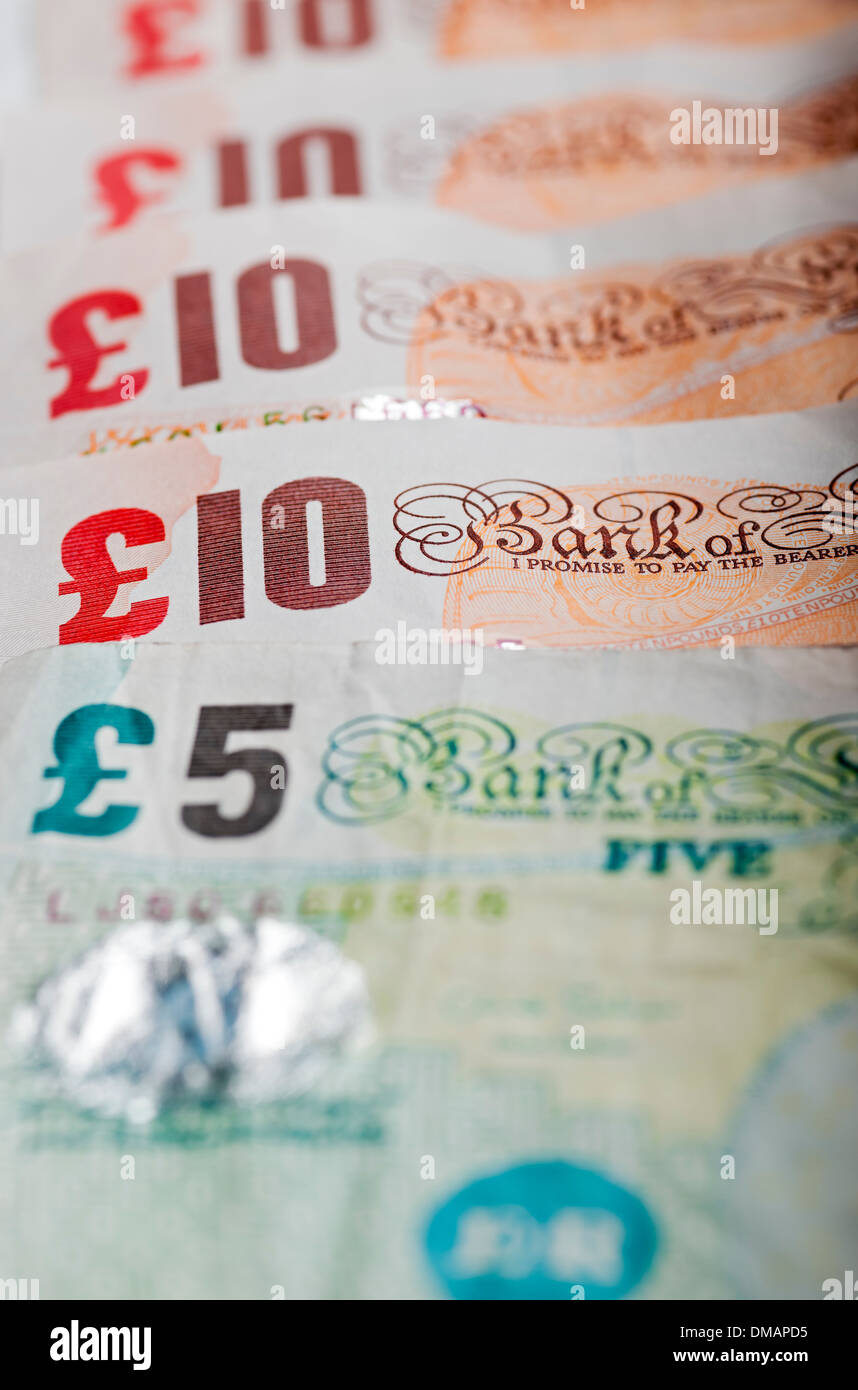 Gros plan de English Five Ten Pound Pounds £5 £10 Money Sterling Banknote billets billets de banque billets Angleterre Royaume-Uni GB Grande-Bretagne Banque D'Images