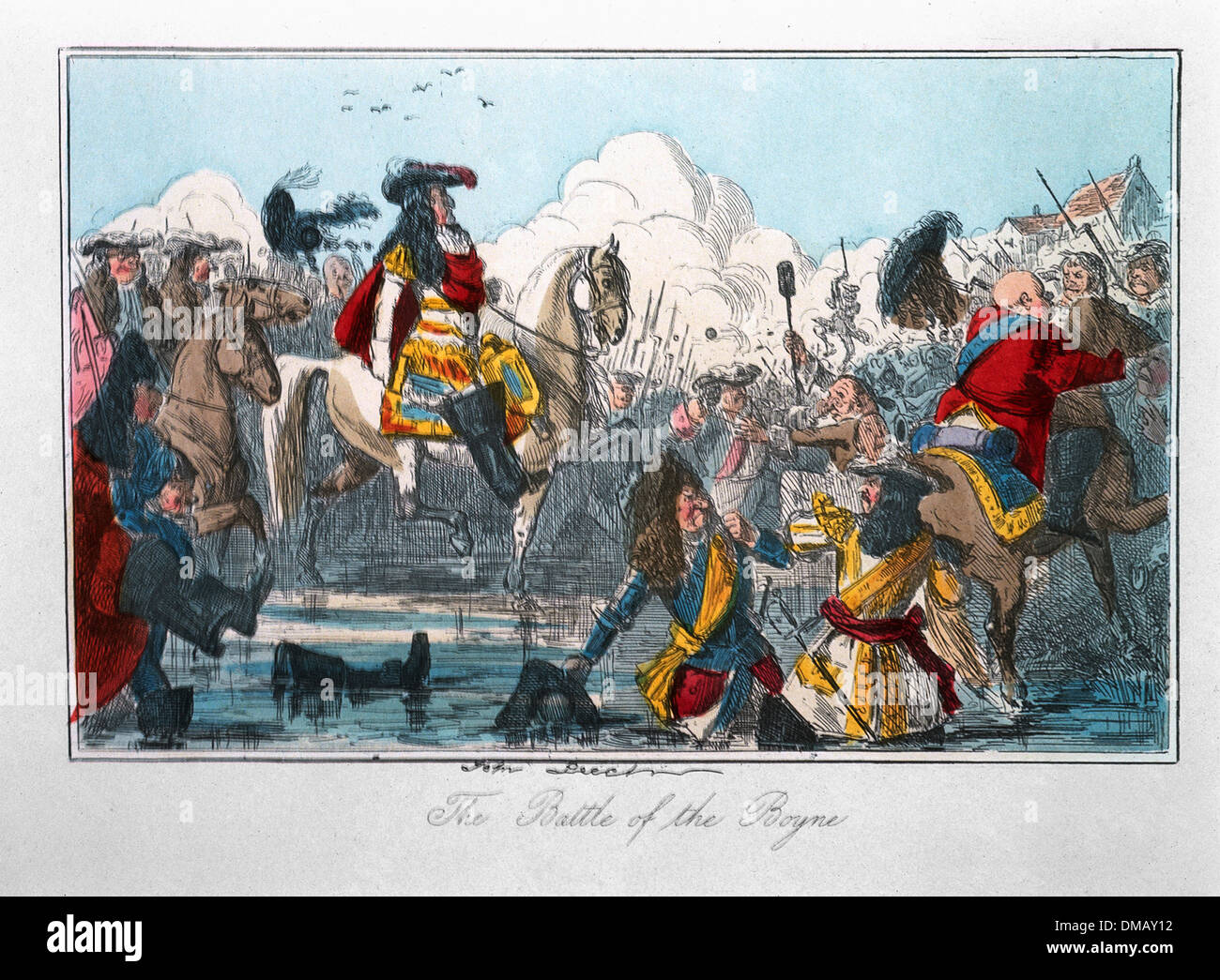 La bataille de la Boyne, la bande dessinée Histoire de l'Angleterre, gravure couleur par John Leech, 1850 Banque D'Images