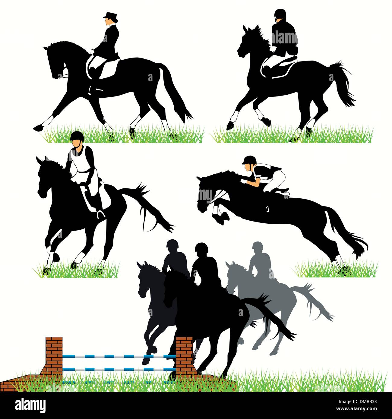 Chevaux et jockeys Silhouettes Set Illustration de Vecteur