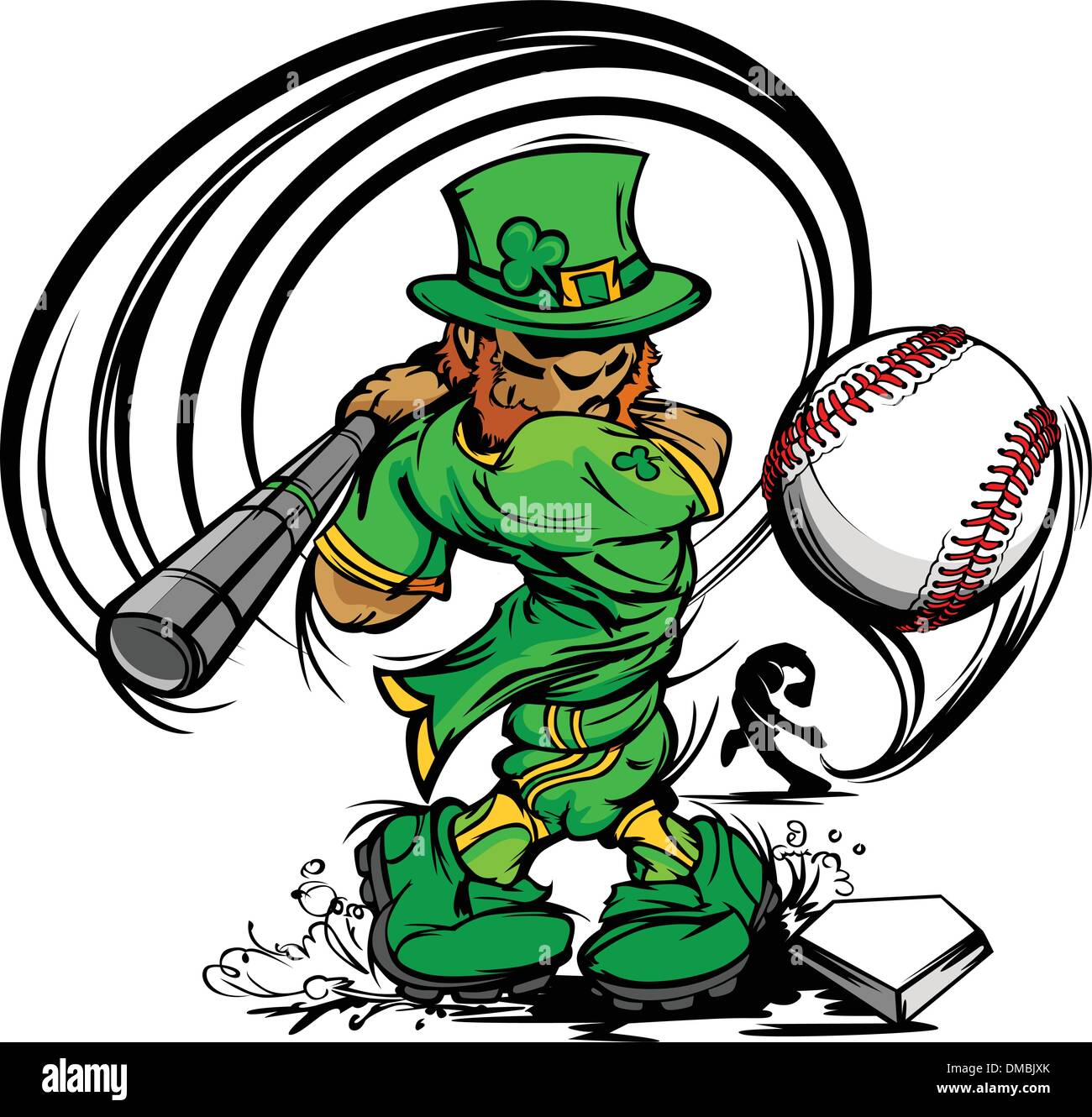 St Patrick Day Leprechaun Swinging Baseball bat Illustration de Vecteur