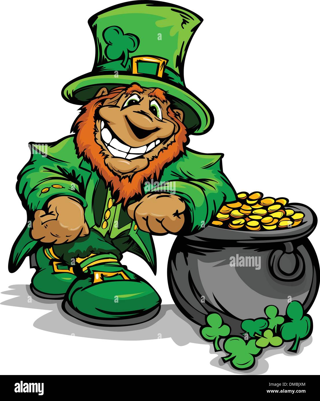 Smiling St. Patricks Day Leprechaun avec pot d'Or Illustration de Vecteur