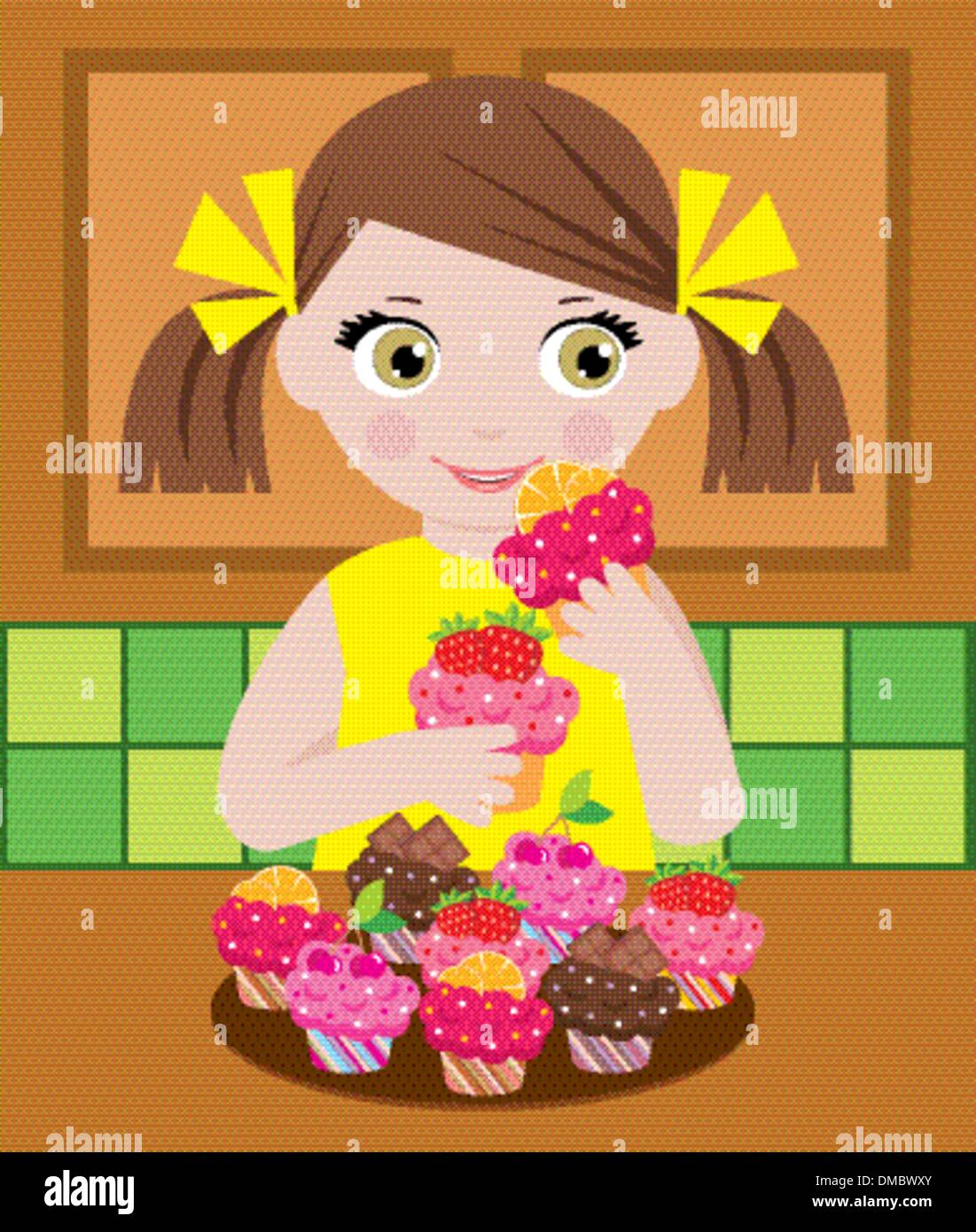 Petite fille en cuisine avec cupcakes Illustration de Vecteur