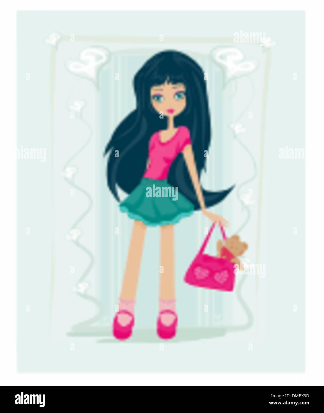 Sweet Girl avec un petit ours en peluche dans un sac Illustration de Vecteur