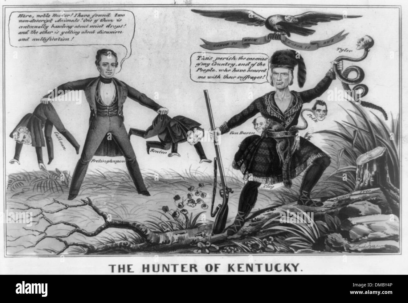 Le chasseur du Kentucky - USA caricature politique, vers 1844 Banque D'Images